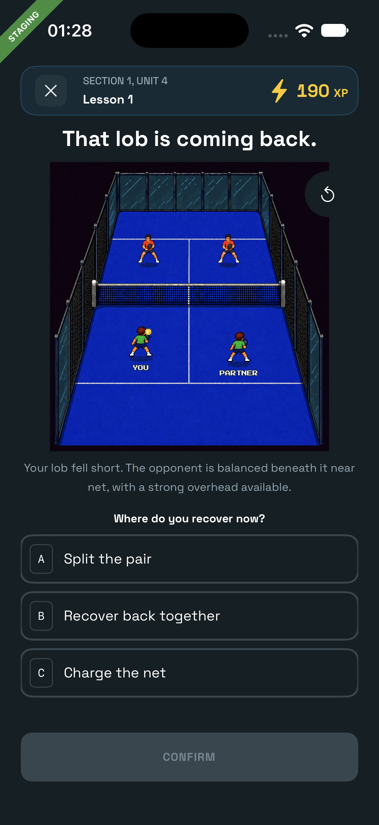 Four players on a cobalt-blue Padel court